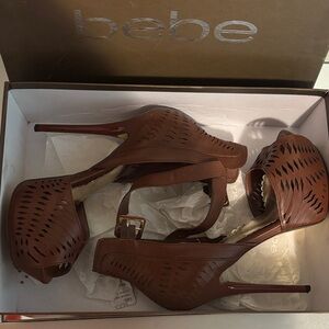 bebe Brown Laser-Cut Stiletto Heels with Ankle Strap